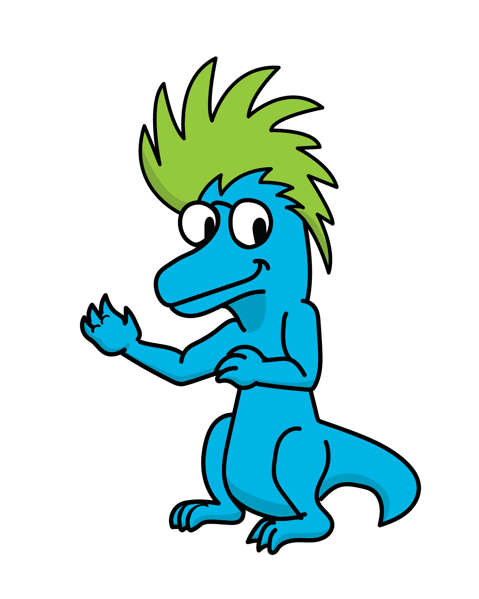 cartoon dinosaur wearing glasses, with arms up like a conductor