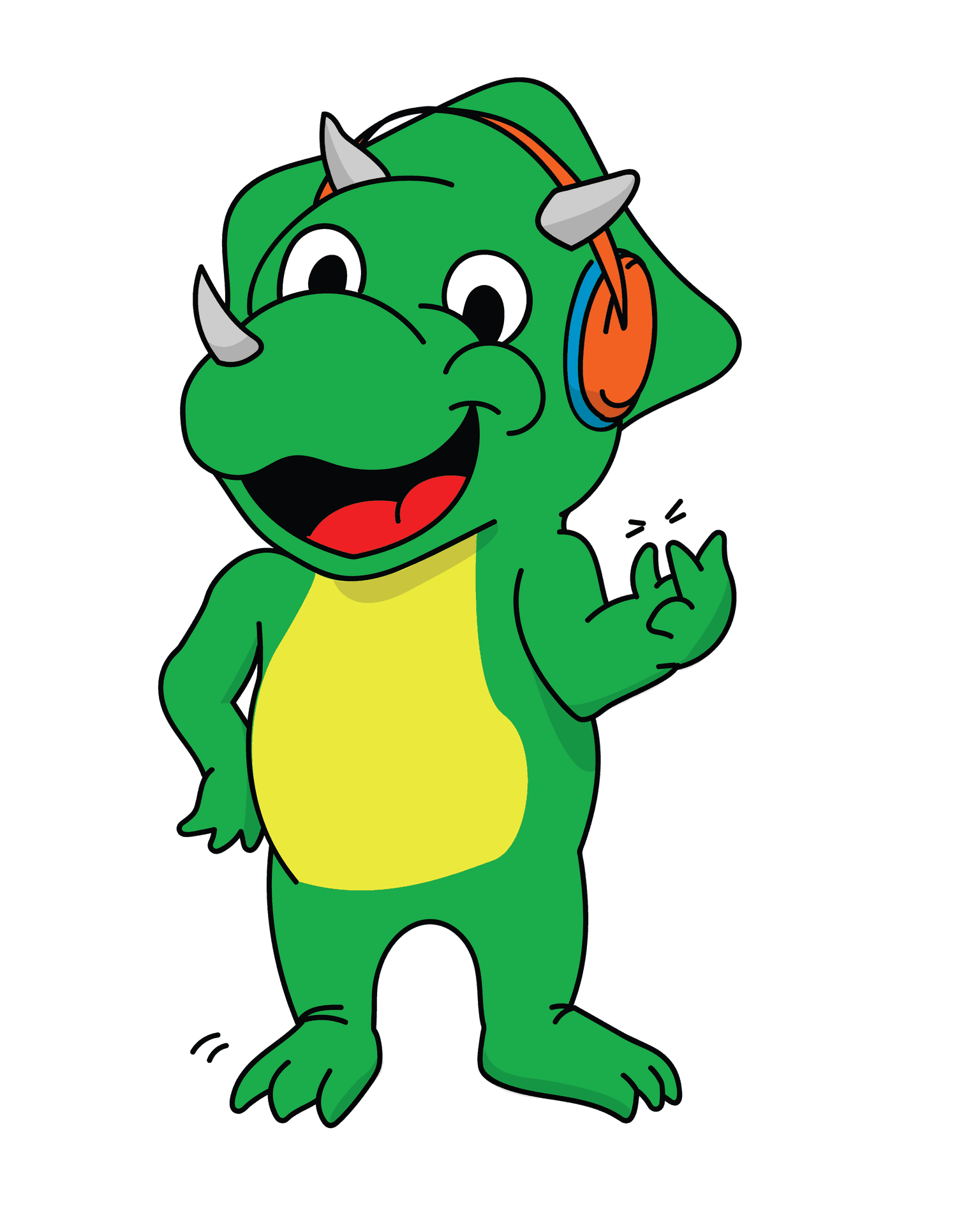 cartoon green dinosaur wearing headphones and snapping