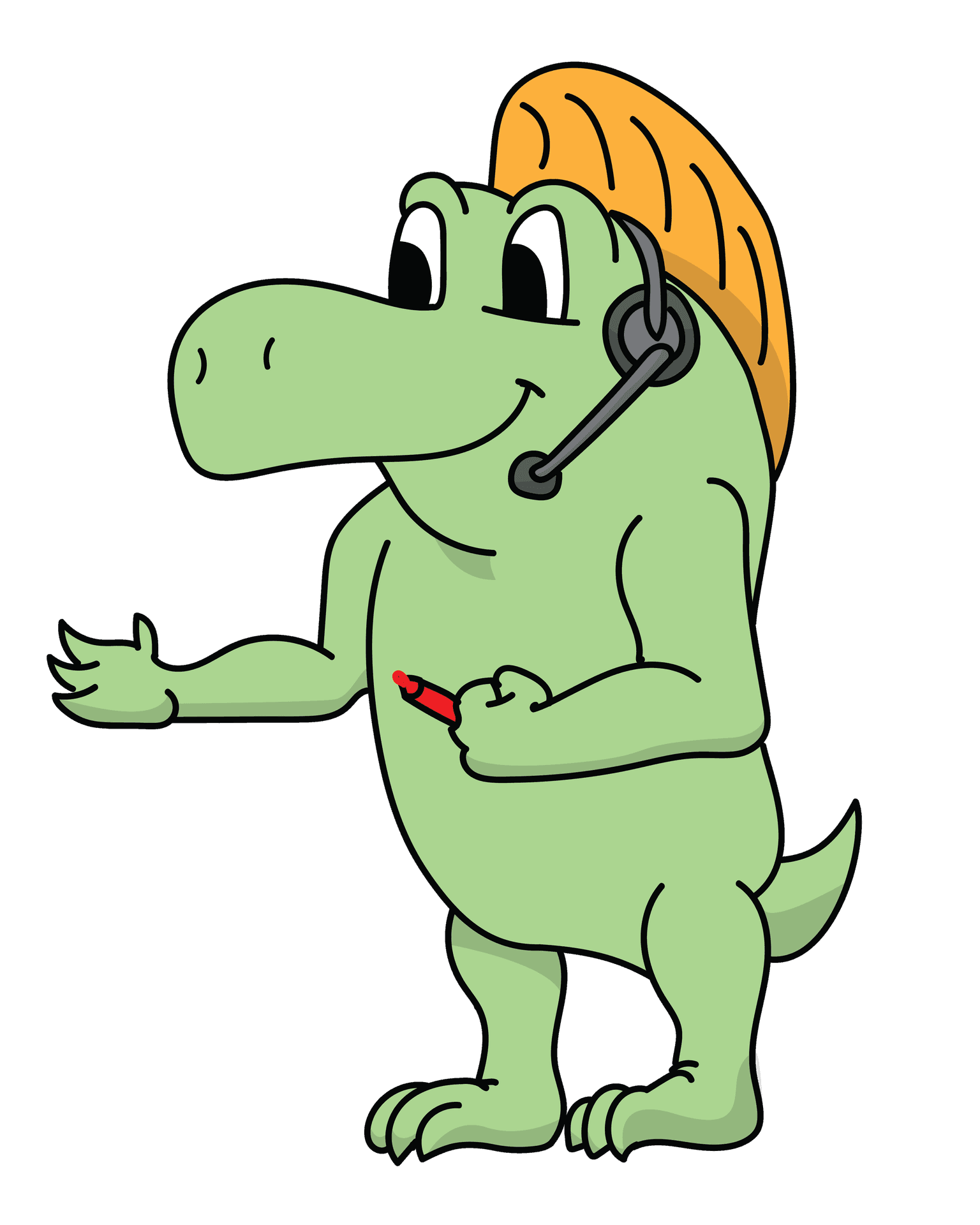 cartoon dinosaur wearing a headset and holding a marker, like a sports announcer