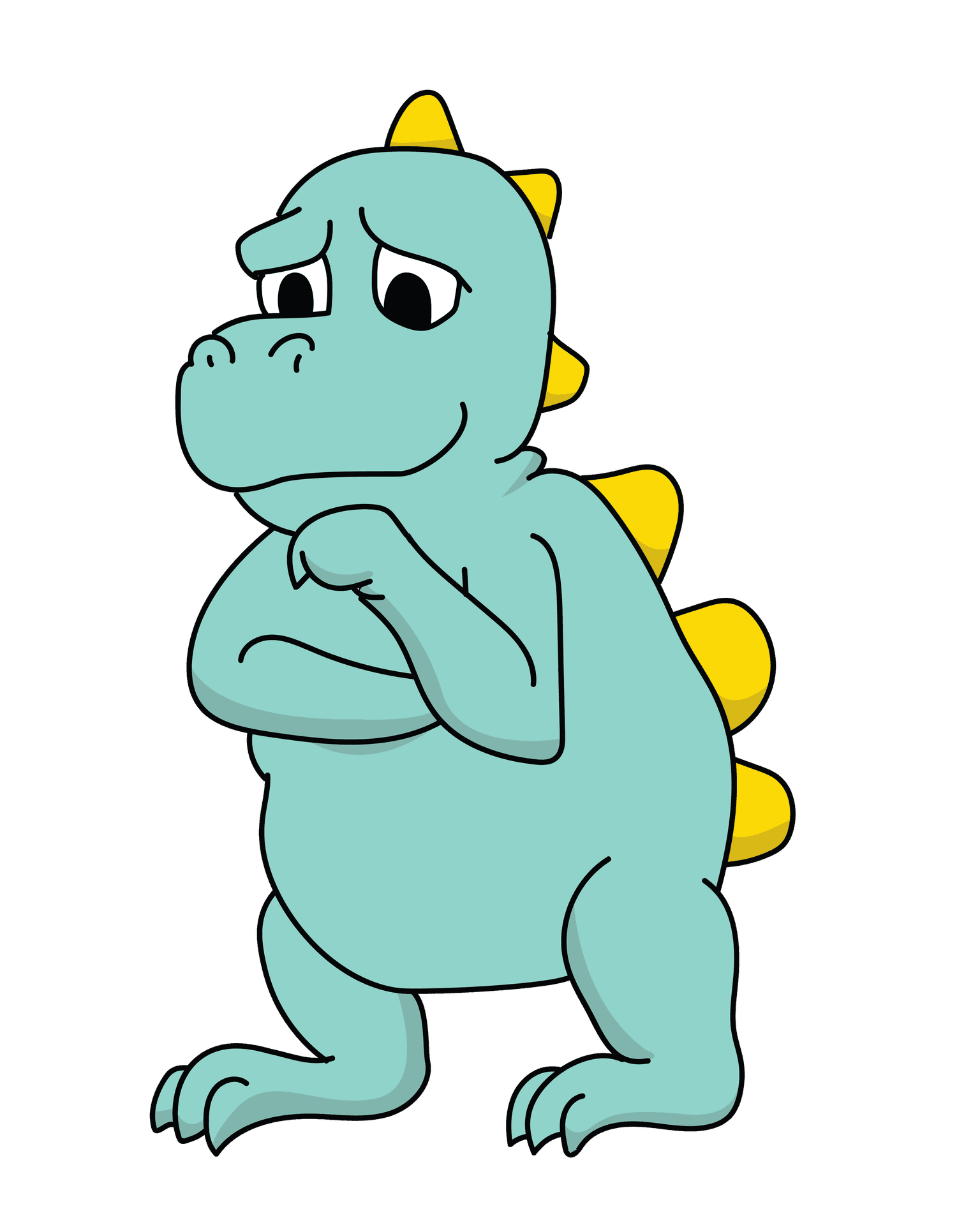 cartoon stegosaurus looking contemplative, thinking and listening