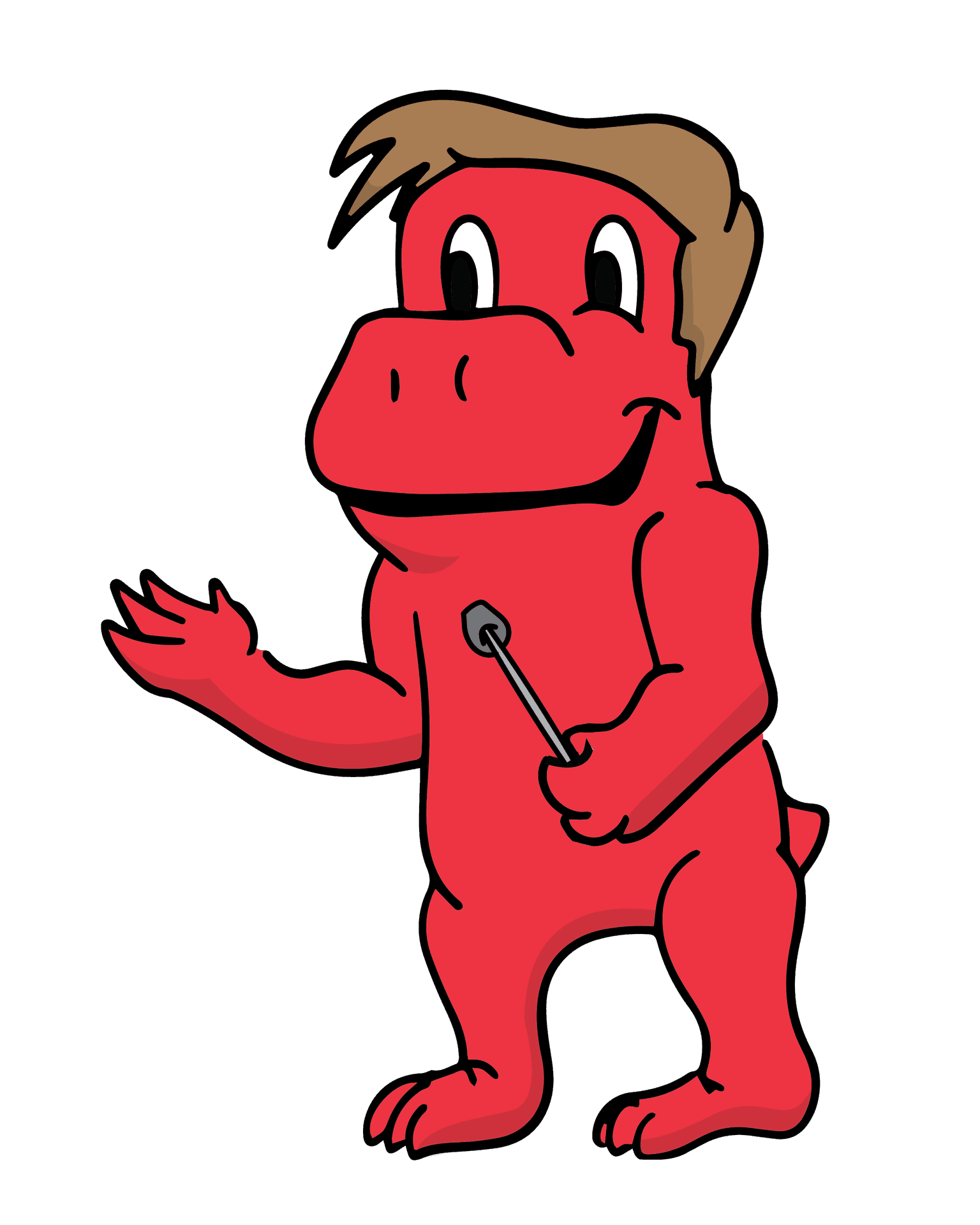 cartoon dinosaur with hair and a microphone like a game show announcer