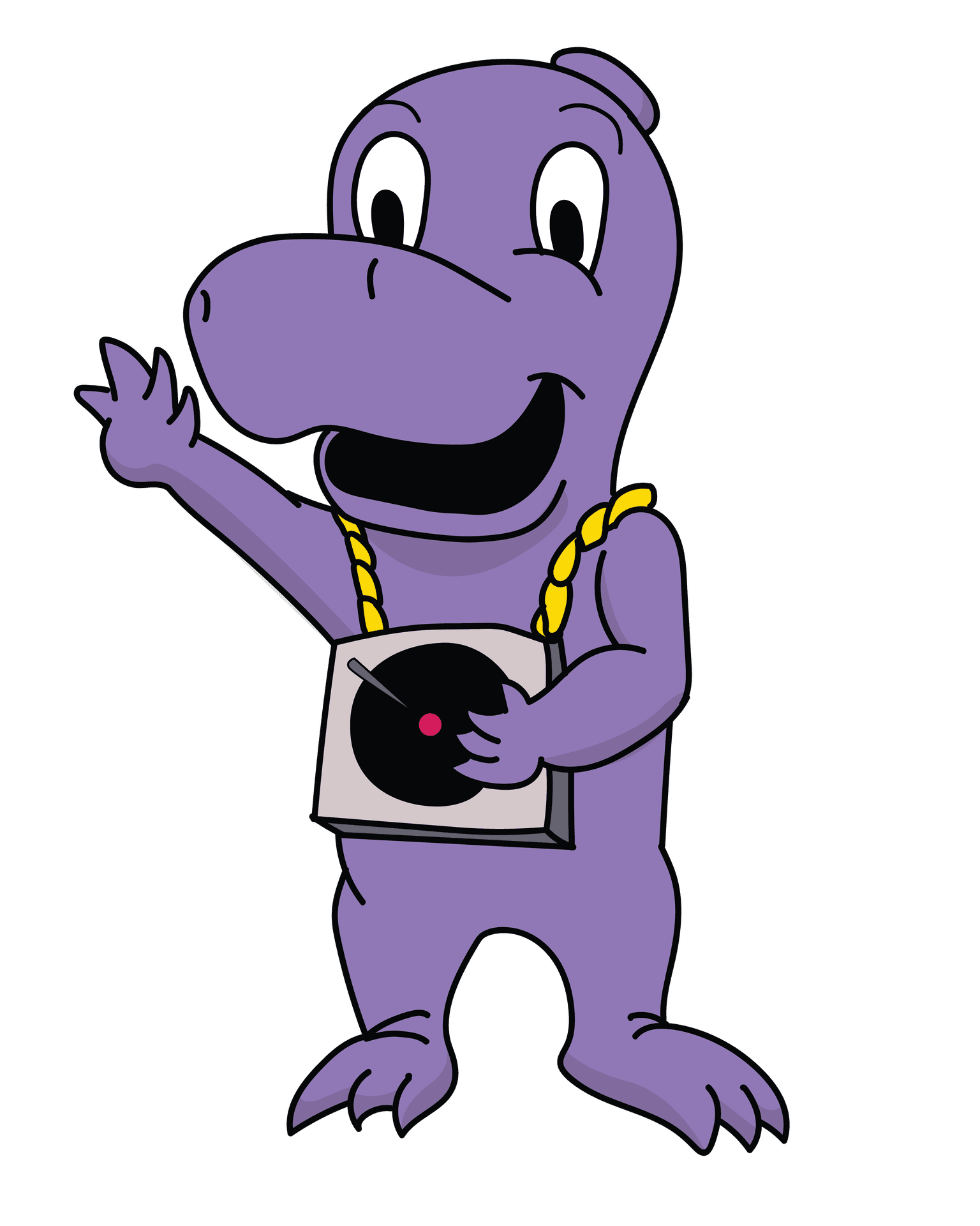 cartoon purple dinosaur wearing a turntable around his neck and waving