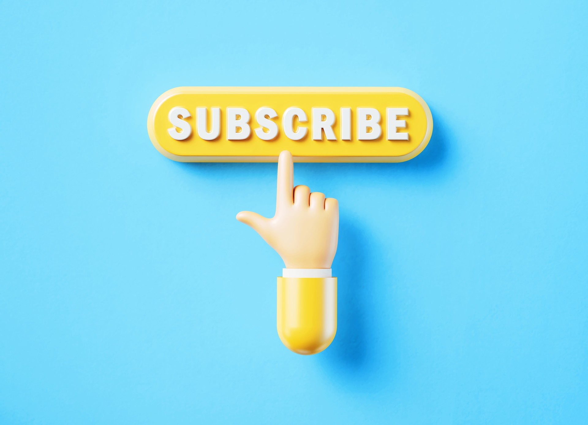 Cartoon Style Human Hand Clicking Over A Yellow Push Button: Subscribe Reads On Push Button